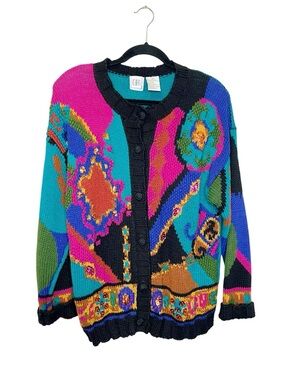 Vintage Chu multi color bright knit embellished sweater cardigan size Small